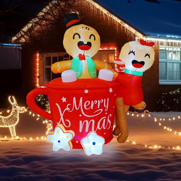 ⚡6 FT Christmas Inflatables Gingerbread Man in Hot Cocoa Mug Outdoor Decorations - Picture 7 of 7
